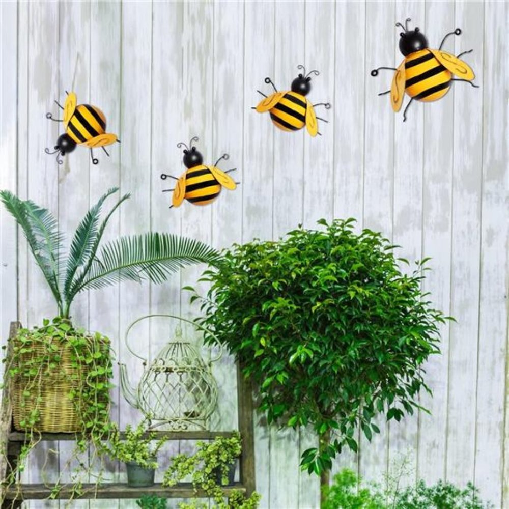 4 Pack Metal Bee Wall Art Sculptures Garden Decorations, Hanging Bee Wall Decor - Picture 5 of 8